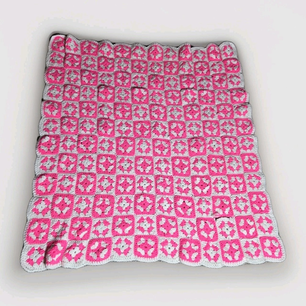Granny Square Handmade Baby Blanket Crochet Afghan Pink White 41"x38" Grannycore